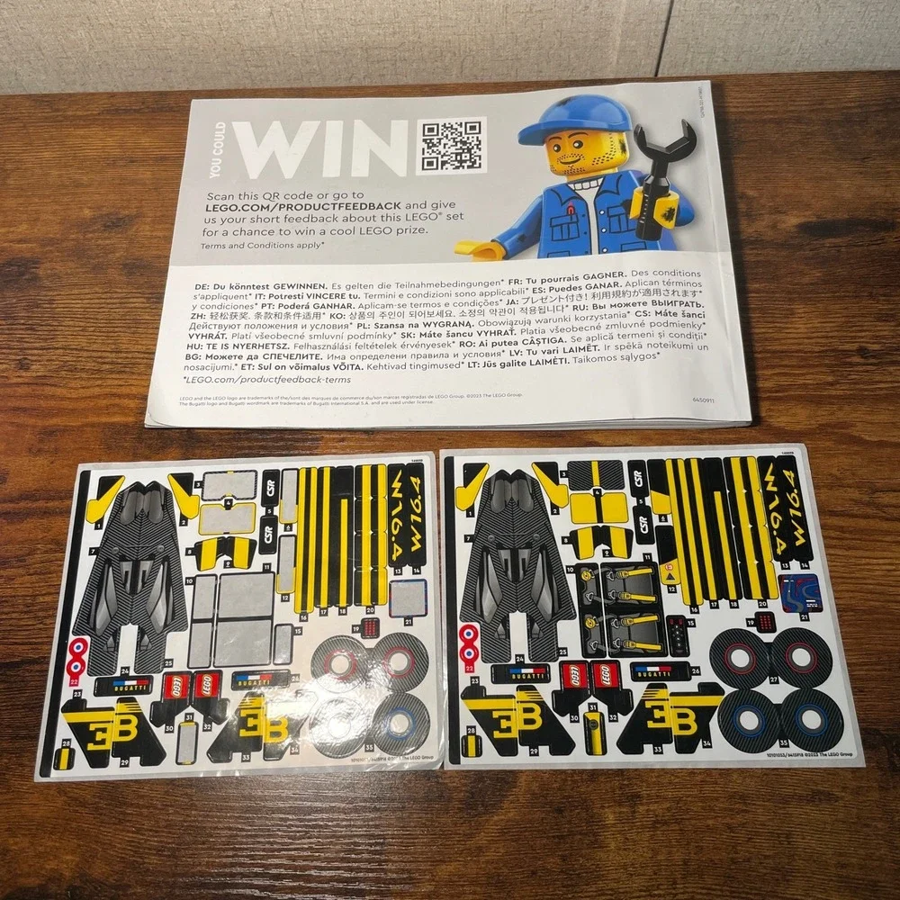 Lego Technic Bugatti Bolide 42151 Sticker Sheets (2) Yellow Black & Instructions